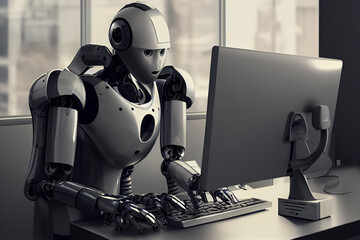 Wall Mural - AI artificial intelligence technology robot chatbot working on laptop learning and answering questions Generative ai.