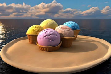 Wall Mural - Ice cream balls in a plate on the background of the sea. AI generative.