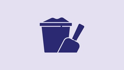 Canvas Print - Blue Sand in bucket with shovel icon isolated on purple background. Plastic kid toy. Summer icon. 4K Video motion graphic animation