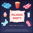 © Natalia - Pajama party invite. Kids night. Female slumber or sleepover. Fashion sleepwear. Home holidays. Pillow and sleeping clothes. Birthday invitation banner. Vector utter illustration poster