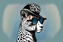 Beautiful Cheetah In A Hat And Glasses. Vector Illustration For Predator Postcard Or Poster, Print For Clothes Or Backpack - Generative Ai