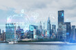 New York City skyline, United Nation headquarters over the East River, Manhattan, Midtown at day time, NYC, USA. GDPR hologram, concept of data protection, regulation and privacy for all individuals