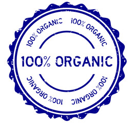 Sticker - Grunge blue 100 percent organic word round rubber seal stamp on white background