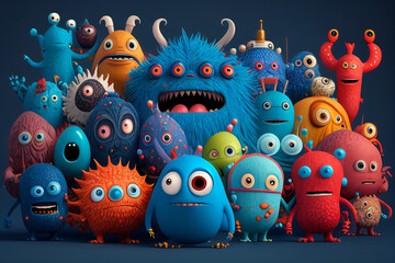 3d cartoon character cute set of monsters group on blue background, image ai midjourney generated