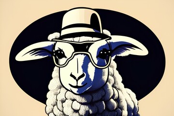 Beautiful lamb in a hat and glasses. vector illustration for predator postcard or poster, print for clothes or backpack - generative ai