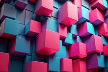 Colorful Block Pattern In The Backdrop. A Psychedelic Pink And Blue Tech Wallpaper. Generative AI