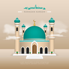 Wall Mural - Ramadan kareem greeting with 3d mosque and ramadan kareem text in arabic calligraphy