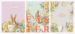 Happy Easter watercolor cards set with cute Easter rabbit, eggs, spring flowers in pastel colors on light green, soft pink and beige background. Easter watercolor posters, covers, labels templates set