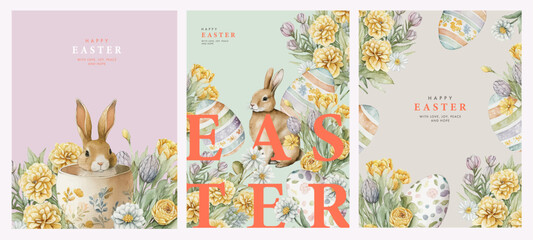 happy easter watercolor cards set with cute easter rabbit, eggs, spring flowers in pastel colors on 