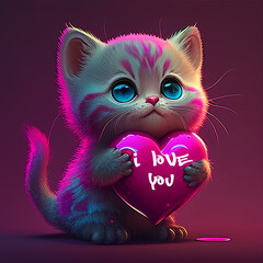 Wall Mural - cute small baby kitten is holding heart with ritten i love you for valentine's day, generative AI