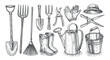 Garden equipment. Pitchfork, shovel, rake, watering can, bucket, gardening scissors, hat, boots, gloves. Tools set