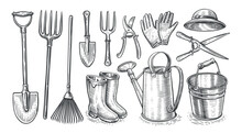 Garden Equipment. Pitchfork, Shovel, Rake, Watering Can, Bucket, Gardening Scissors, Hat, Boots, Gloves. Tools Set