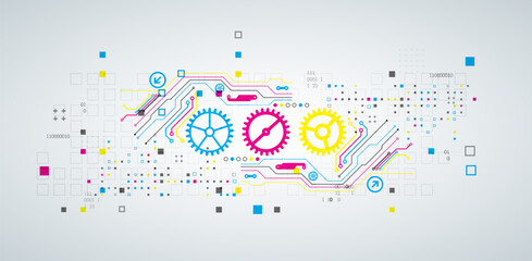 Abstract technological background with various elements. CMYK concept. Vector