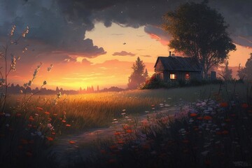 Wall Mural - Beautiful Scenery of Meadow Generative AI	