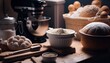 Rustic Bakery Scene: Fresh Bread with wheat ears and a bowl of flour and other elements of bread baking. Generative AI