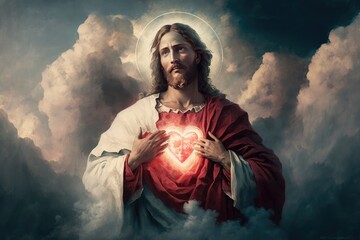 the heavenly vision of jesus christ and his red heart in the sky generative ai