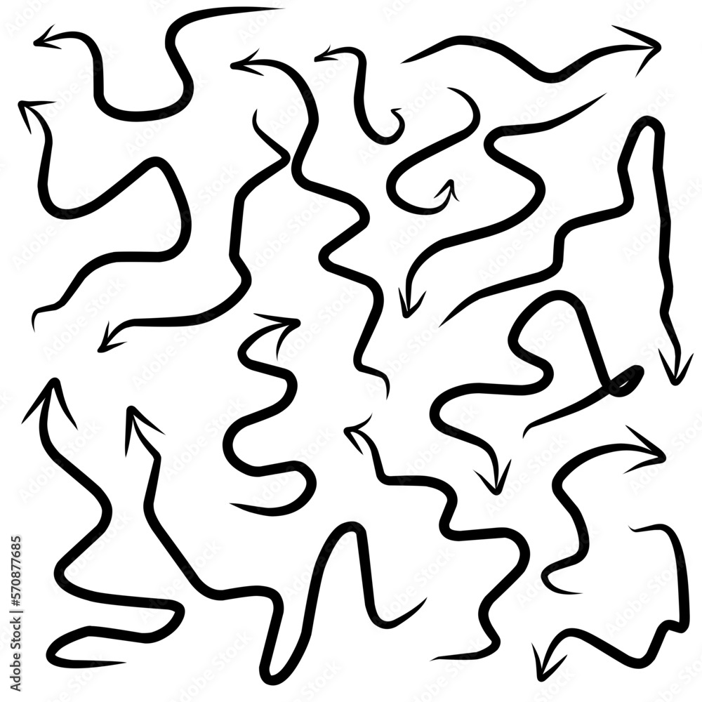 Vetor Vector set of hand drawn curved arrows. Doodle sketch style ...
