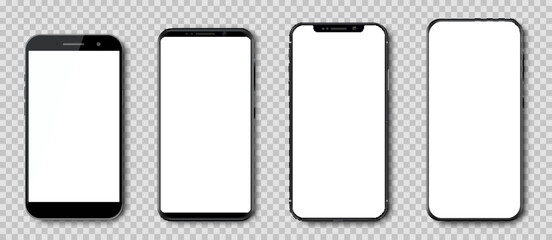 Poster - Set high quality realistic trendy different black models smartphone with empty touch screen, evolution of smartphones. Detailed mockup smartphone, model mobile - vector