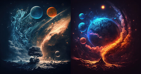Wall Mural - colorful outer space with constellations, galaxies, planets and nebulae. generative ai
