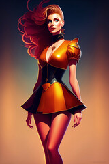 Canvas Print - A beautiful young redhead woman in shiny futuristic dress