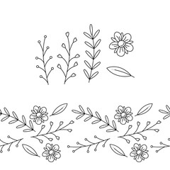 Seamless horizontal border from one flower, leaf and three branch abstract. Doodle vector illustration.