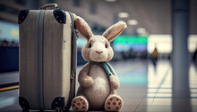 Plush Animal Rabbit With Travel Suitcase At An Airport