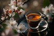 beautiful cup of coffee with cherry blossom flowers , idea for spring season and national spring festival theme drink, idea for background or wallpaper