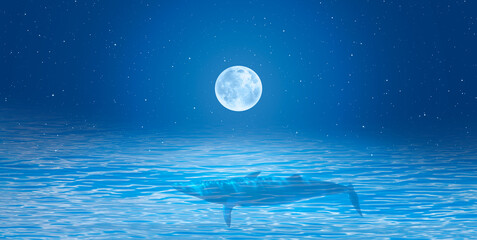 surreal dream image of big whale flying over blue clouds with full moon in the background - night la