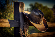 Cowboy Hat Hung On A Fence At Sunset In Southern Oklahoma