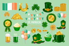 St Patricks Day Set. Leprechaun Hat, Boots, Beer, Ale, Gold Coins, Pot Of Gold, Horseshoe, Garland With Flags And Flag Of Ireland, Shamrock, Balloons, Award, Clover.Vector Icons Set.