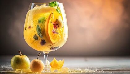 Poster -  a glass filled with a fruit drink next to two oranges and a lemon wedge on top of a wooden table with a blurry background.  generative ai