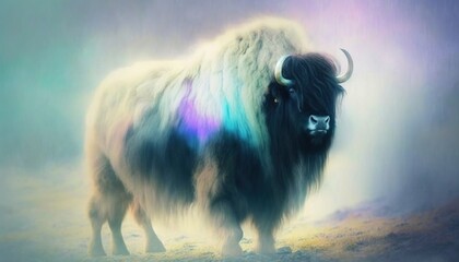  a painting of a bison standing in a field with a rainbow colored coat of fur on it's back end and a blue, purple, green, yellow, pink, and purple, and pink, and white, and black,.  generative ai