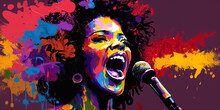 Colorful African American Woman Singing, Jazz Music Banner Illustration, Fictional Character, Generative AI