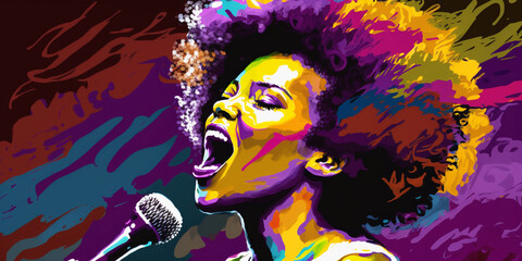 Colorful African American woman singing, Jazz music Banner Illustration, Fictional Character, Generative AI