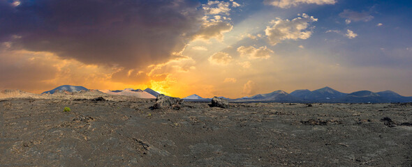 scenic volcanic landscape in Timanfaya national Park in Lanzarote