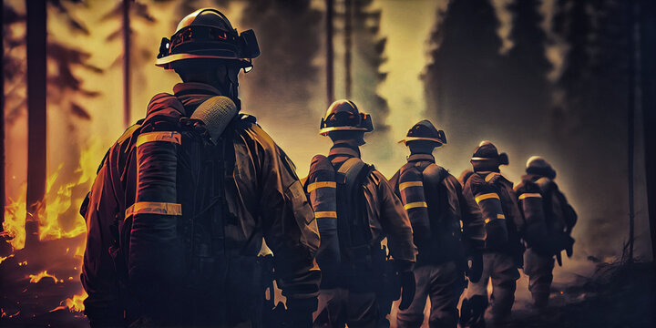 squad of volunteer firefighters with safety equipment and uniform encircle a raging forest fire. gen