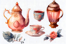 Watercolor Tea Set Illustration  Generative AI