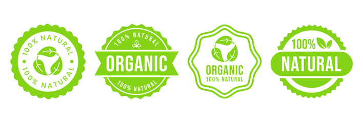 set 100% natural and organic product vector icon circle sign. healthy food emblem. organic food badg