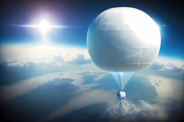 Meteorological probe drone on white balloon on sky. Concept secret espionage and climate change monitoring. Generation AI