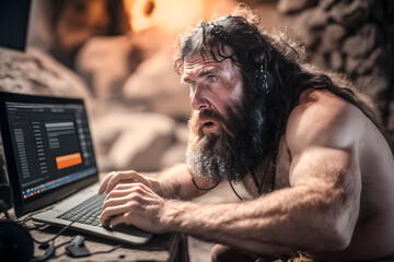 Neanderthal man or homo sapiens use computer laptop browsing internet. Generation AI