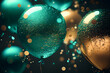 Anniversary background with turquoise balloons, confetti, sparkles, lights. Banner for wedding invitation, birthday, party, Christmas, New Year, promotion social media cover. Generative Ai.