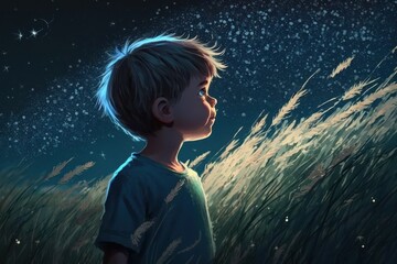 Happy boy have a outdoors on the field at summer, deep night and starry sky, dynamic scene, dynamic scene, ai generated