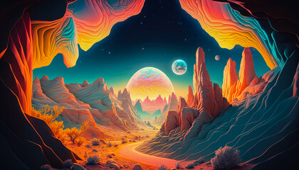 Wall Mural - a dreamscape, with glowing neon colors, surreal landscapes, and otherworldly shapes - Generative AI
