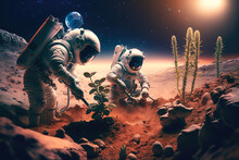 A team of astronauts planting a vegetable garden on a distant planet, illustration - Generative AI