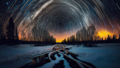 Stunning star trails motion time-lapse night sky with forest silhouette and road path landscape. Beautiful nature astro background. AI generative image.