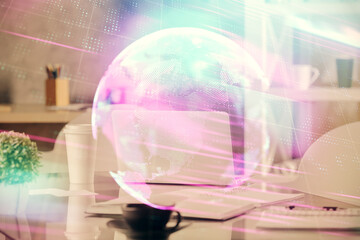 Fototapete - Double exposure of tech theme drawings and office interior background. Technology concept.