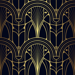Wall Mural - Abstract art deco seamless blue and golden pattern