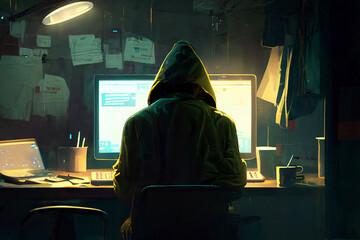 Hacker wearing hoodie using a computer alone in a room created with Generative AI technology