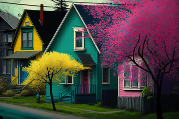 Wall Mural - Vibrant spring colours folk art style the neighborhood Generative AI