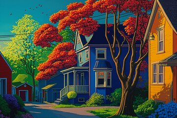 Wall Mural - Vibrant spring colours folk art style the neighborhood Generative AI